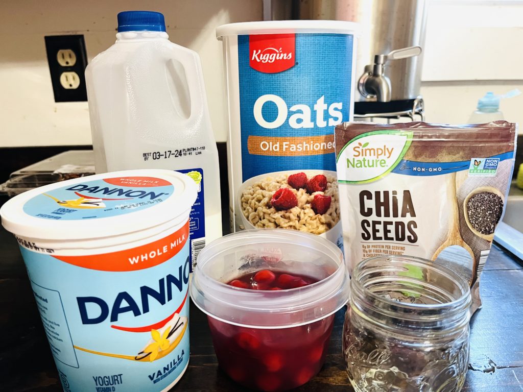 ingredients for making overnight oats for on the go breakfast or easy quick snack.